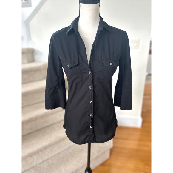 James Perse Black Cotton Rib Insert 3/4 Sleeve Button Front Blouse - Picture 1 of 7
